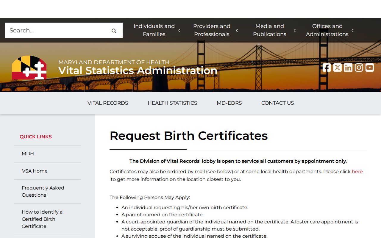 Towson public records birth certificate application at Maryland Vital Records