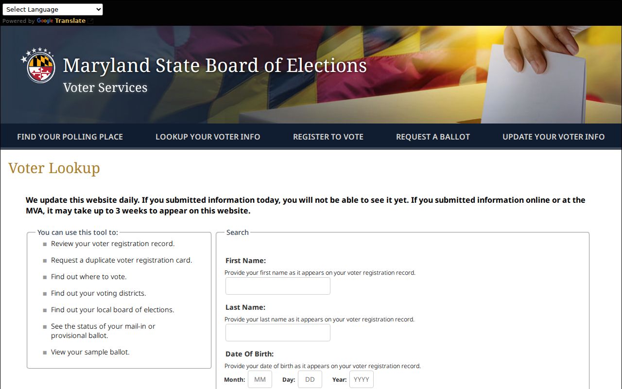 Towson voter records lookup fields on the Maryland voter service